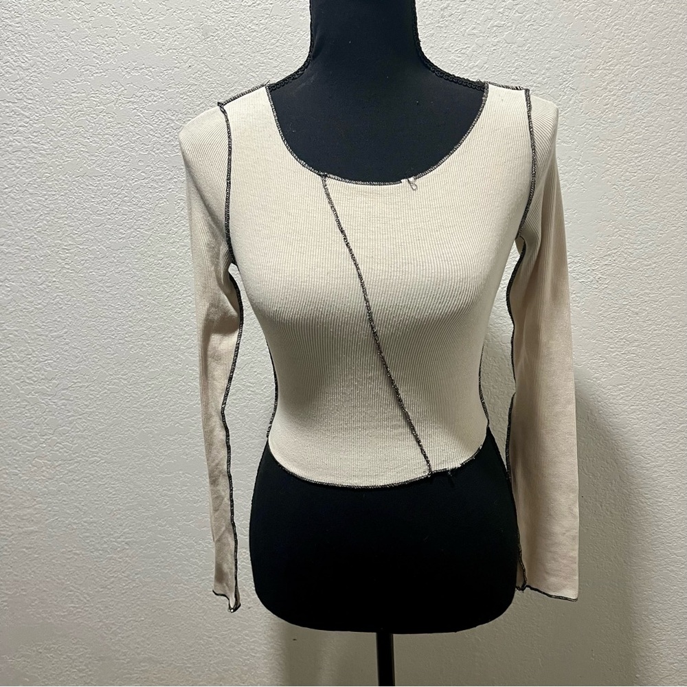 Princess Polly Cream and Black Stitch Knit Long Sleeve Top
